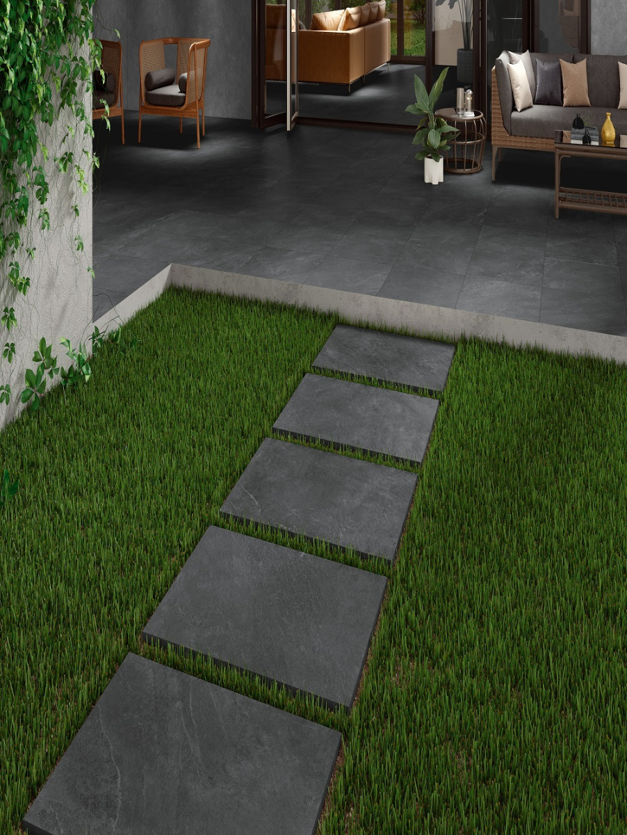 Geo Anthracite Porcelain Paving in outdoor seating area
