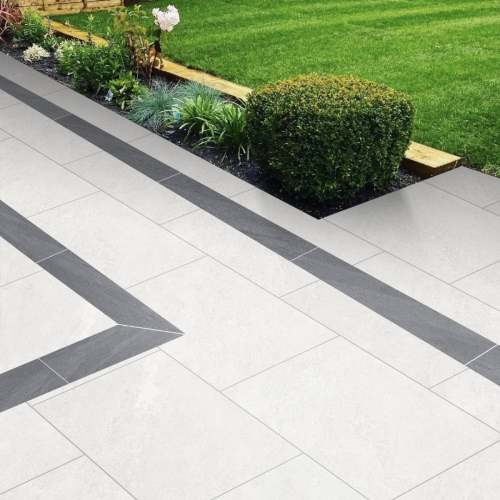 Anthracite grey porcelain plank edging installed in garden